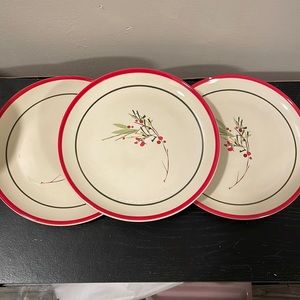 Crate and Barrel 3pc set China luncheon plates. One plate has small chip